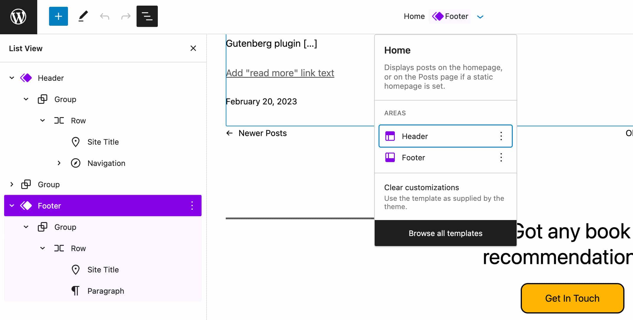 Colorized Template Part in List View