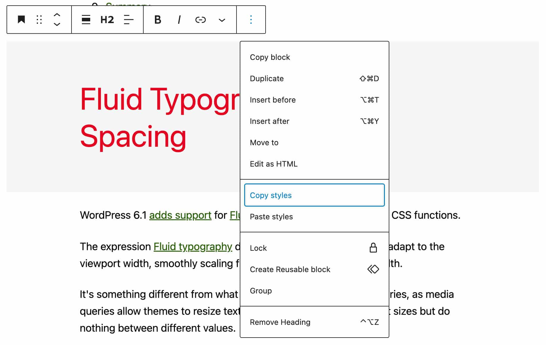 Copy styles in WordPress 6.2