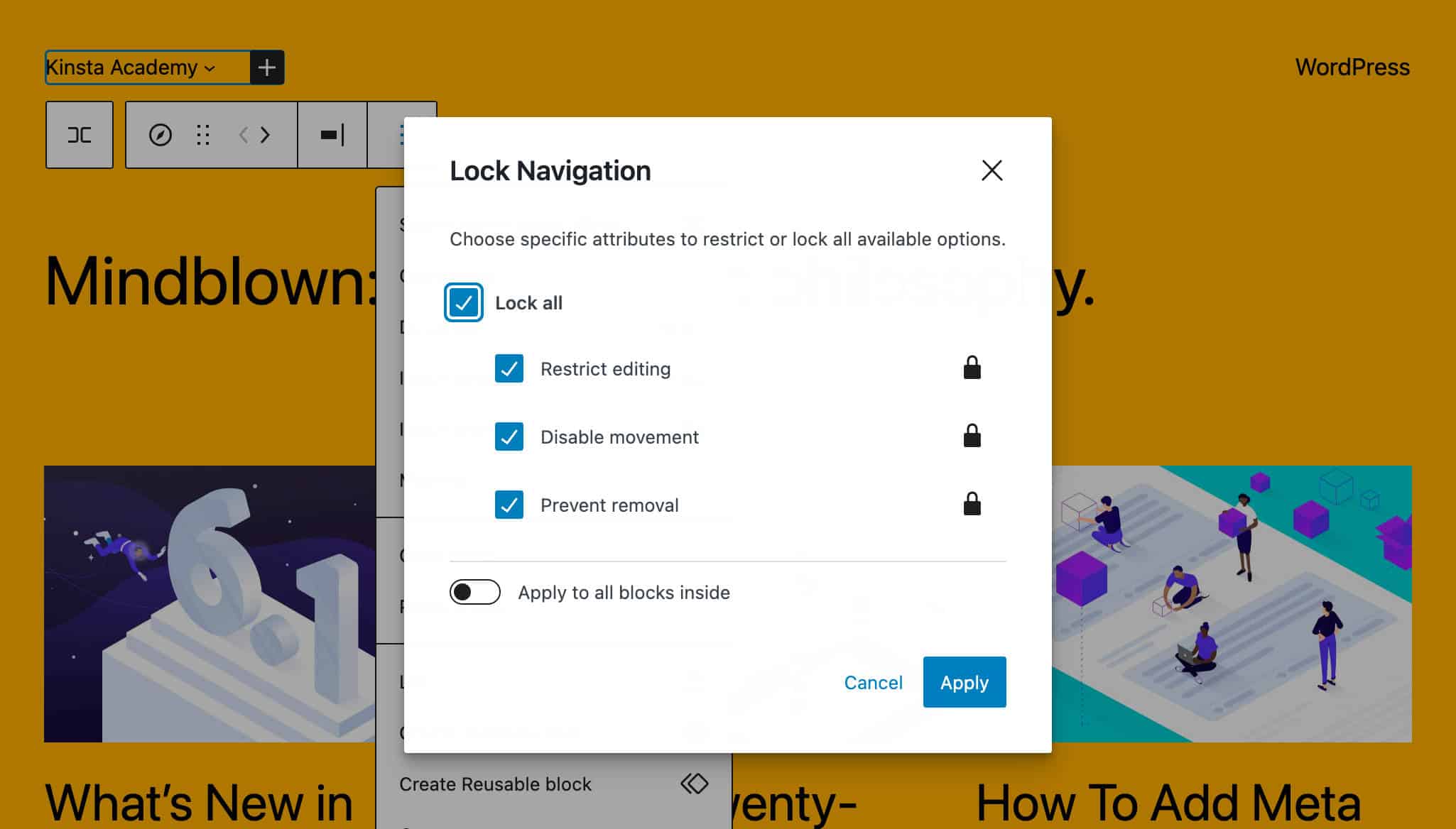 Lock navigation in WordPress 6.2