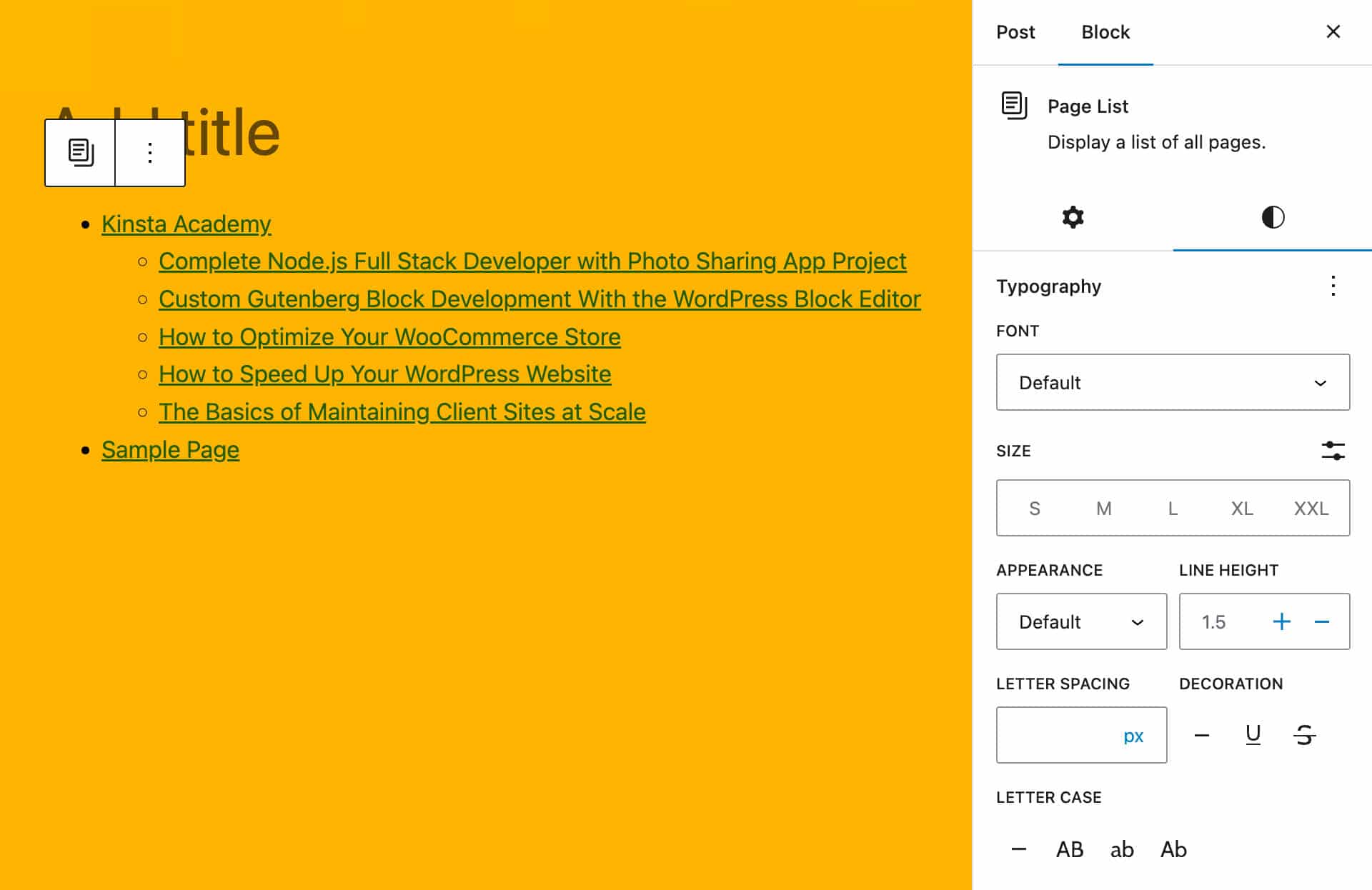 Typografie instellingen voor het blok Page List in WordPress 6.2