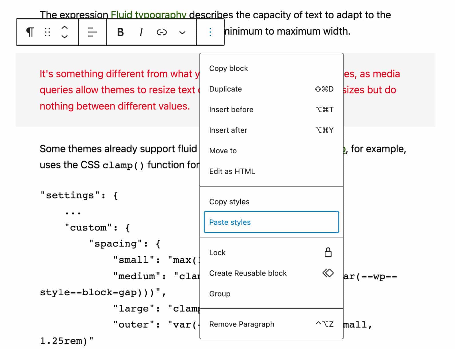 Paste styles in WordPress 6.2