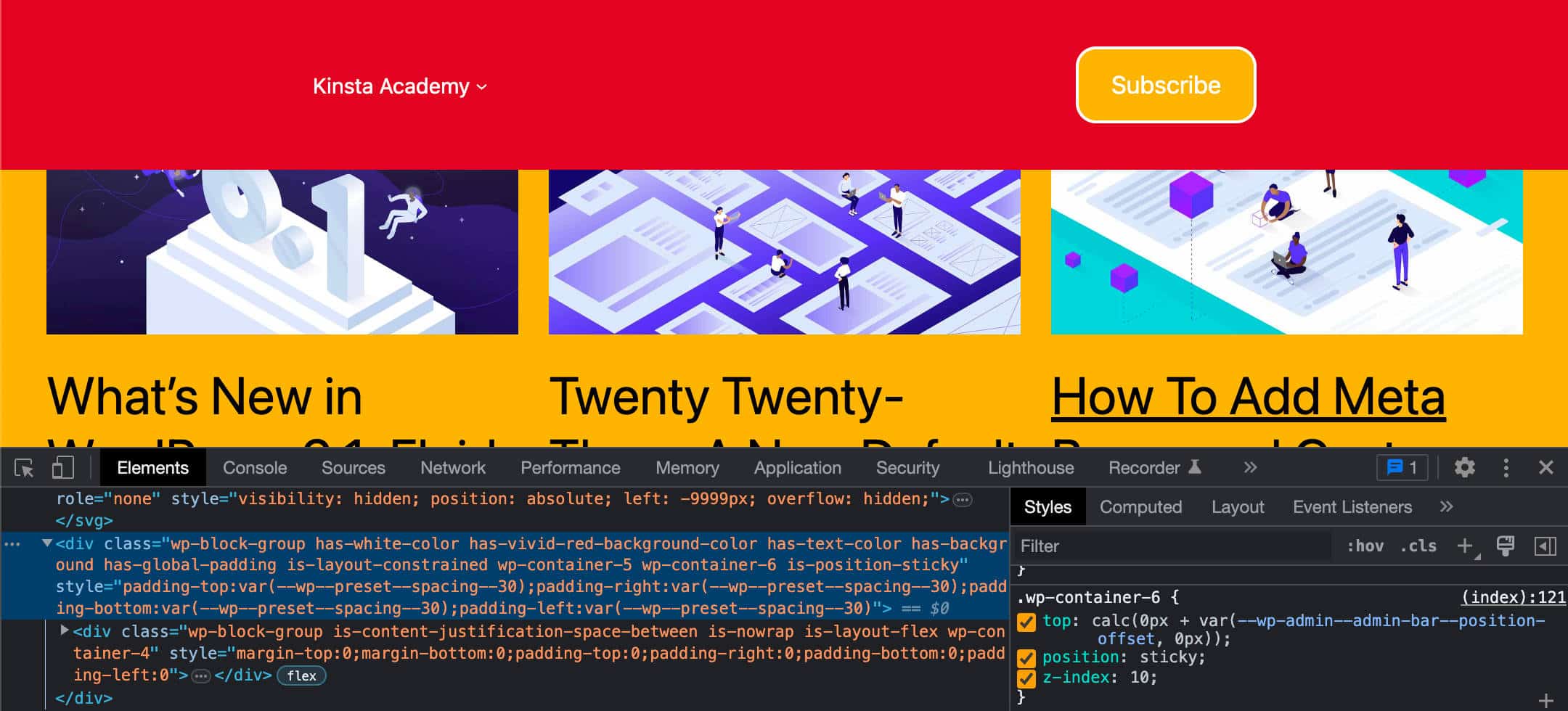 Exemple de positionnement épinglé avec le thème Twenty Twenty-Three