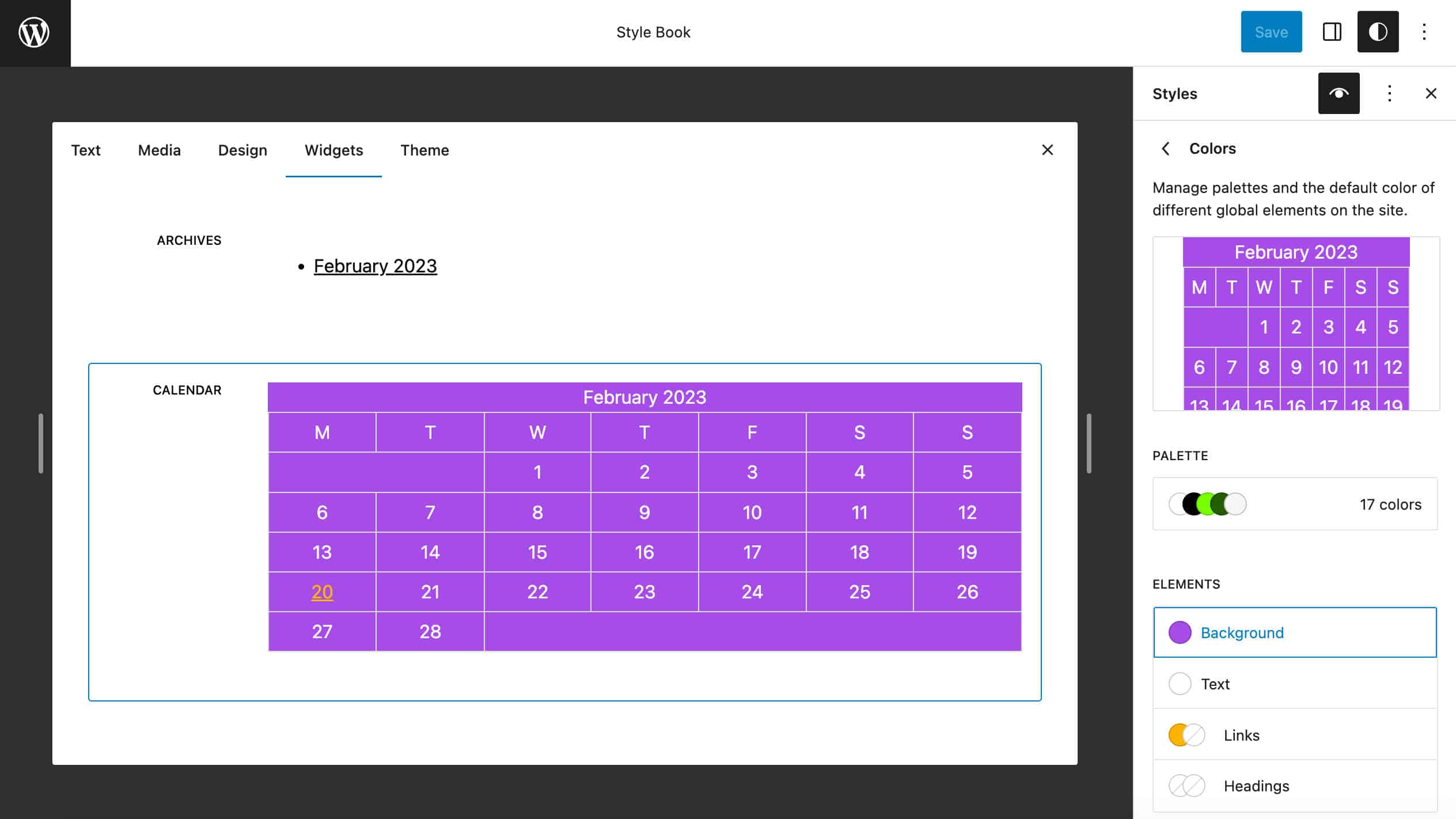 Aanpassen en previewing van het blok Calendar 