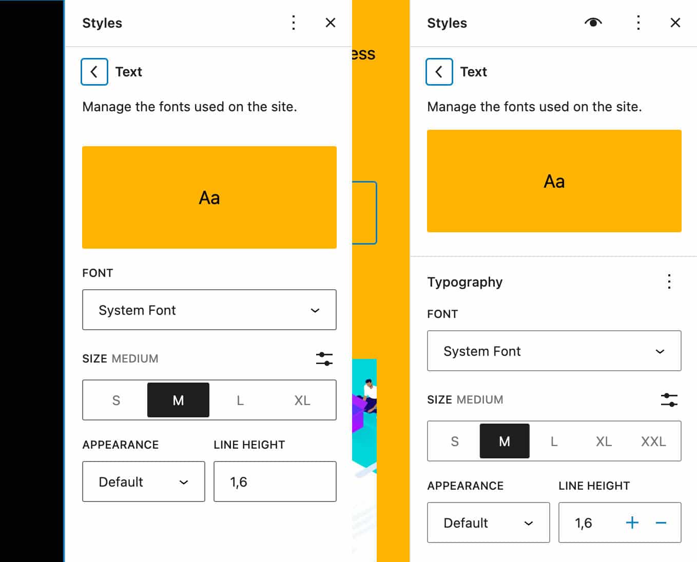 Typografie-Steuerelemente in WordPress 6.1 vs. WordPress 6.2