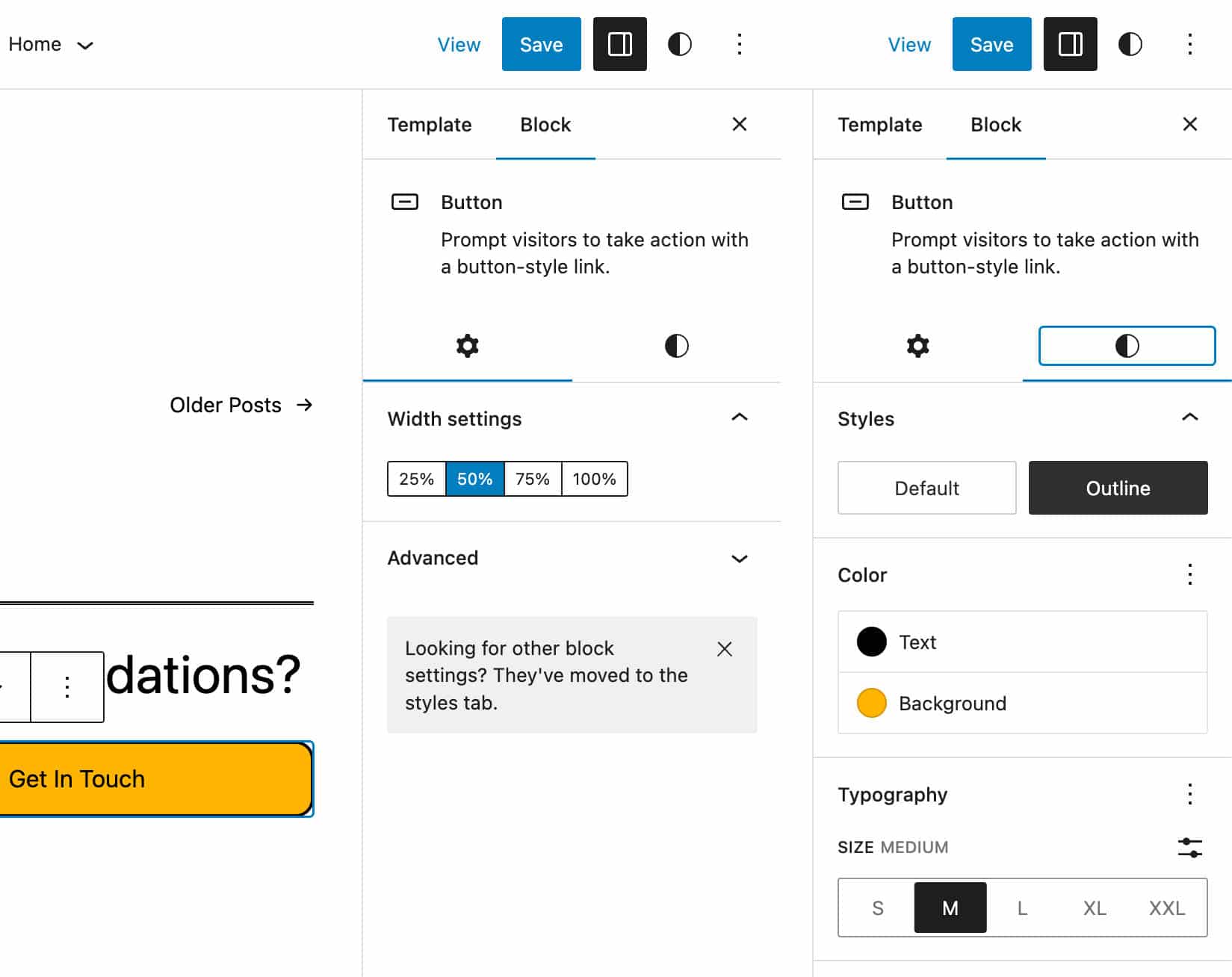 Den nya sidofältet med flikar för inställningar för ett knappblock i WordPress 6.2