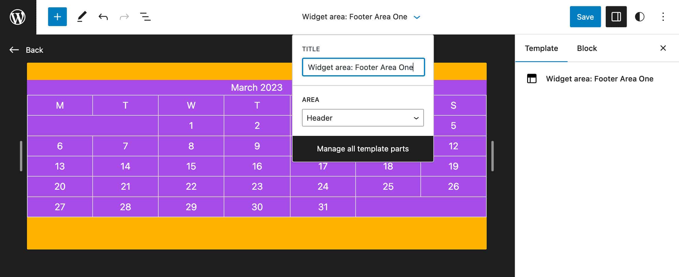 Pré-visualização de uma área widget importada