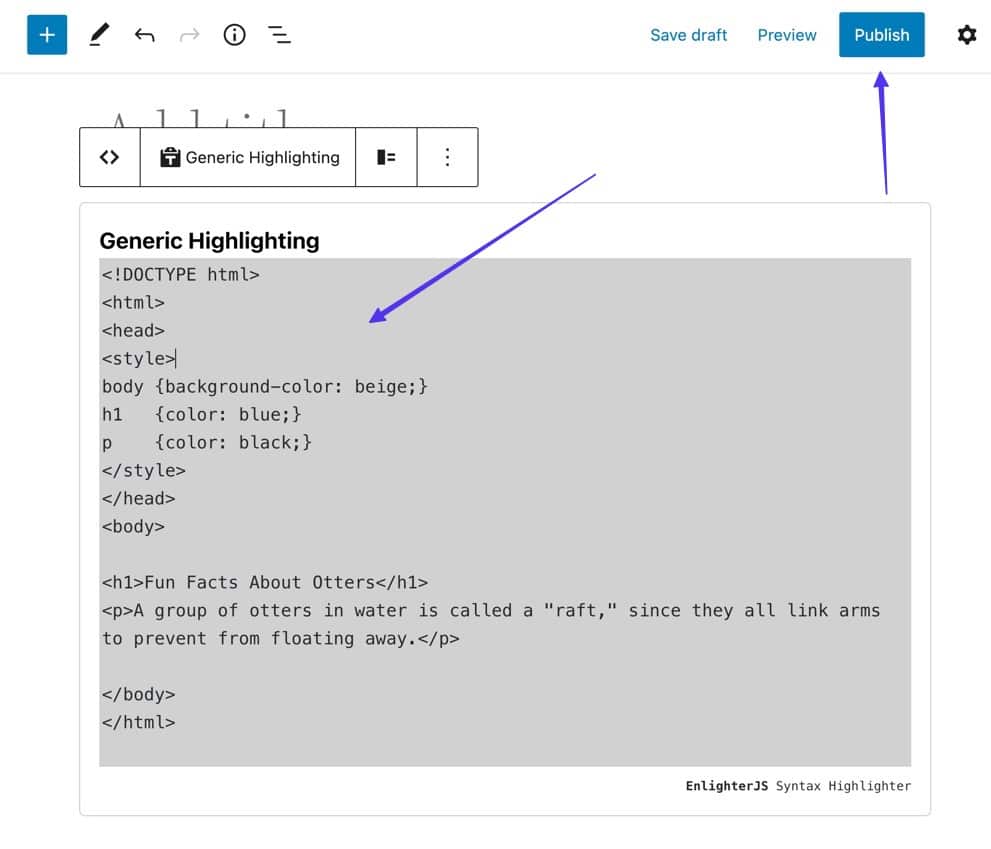 Fare clic su Pubblica per visualizzare il codice di WordPress