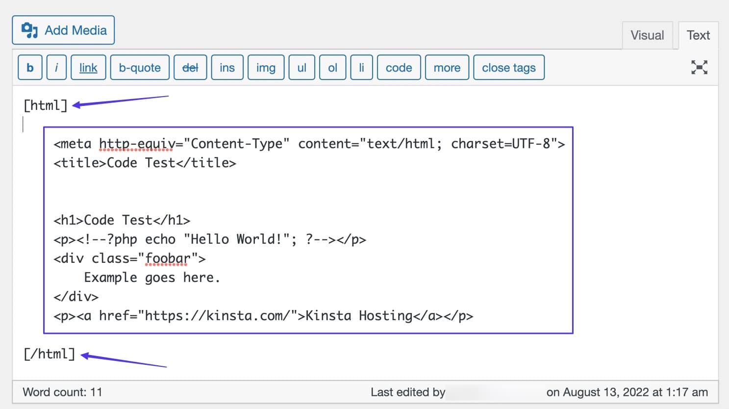 Kode indsat i HTML-kortkode for at vise WordPress-kode