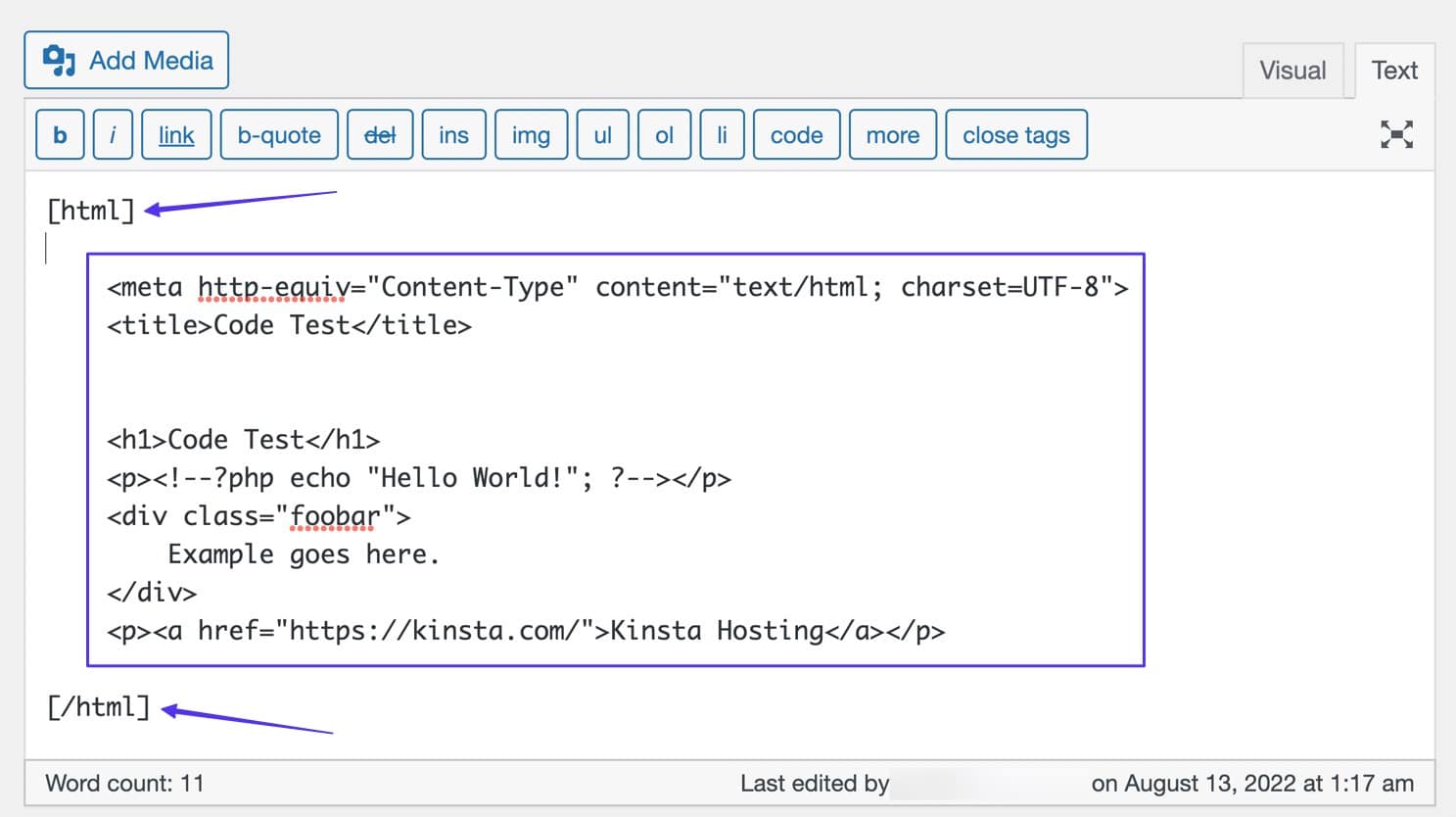 Codice incollato all'interno dello shortcode HTML per visualizzare il codice di WordPress