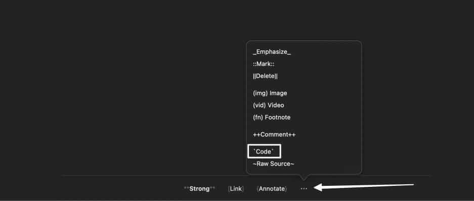 Brug Markdown-menuen til at vælge punktet Kode