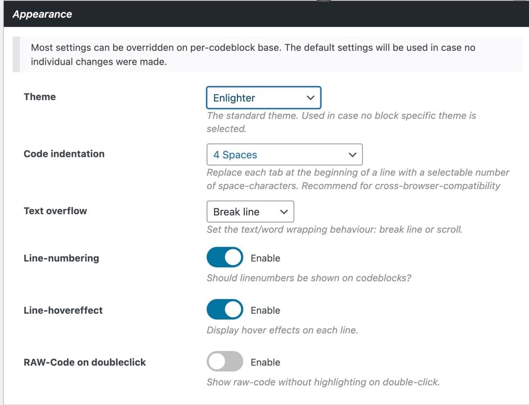 Sezione Appearance del Theme Customizer