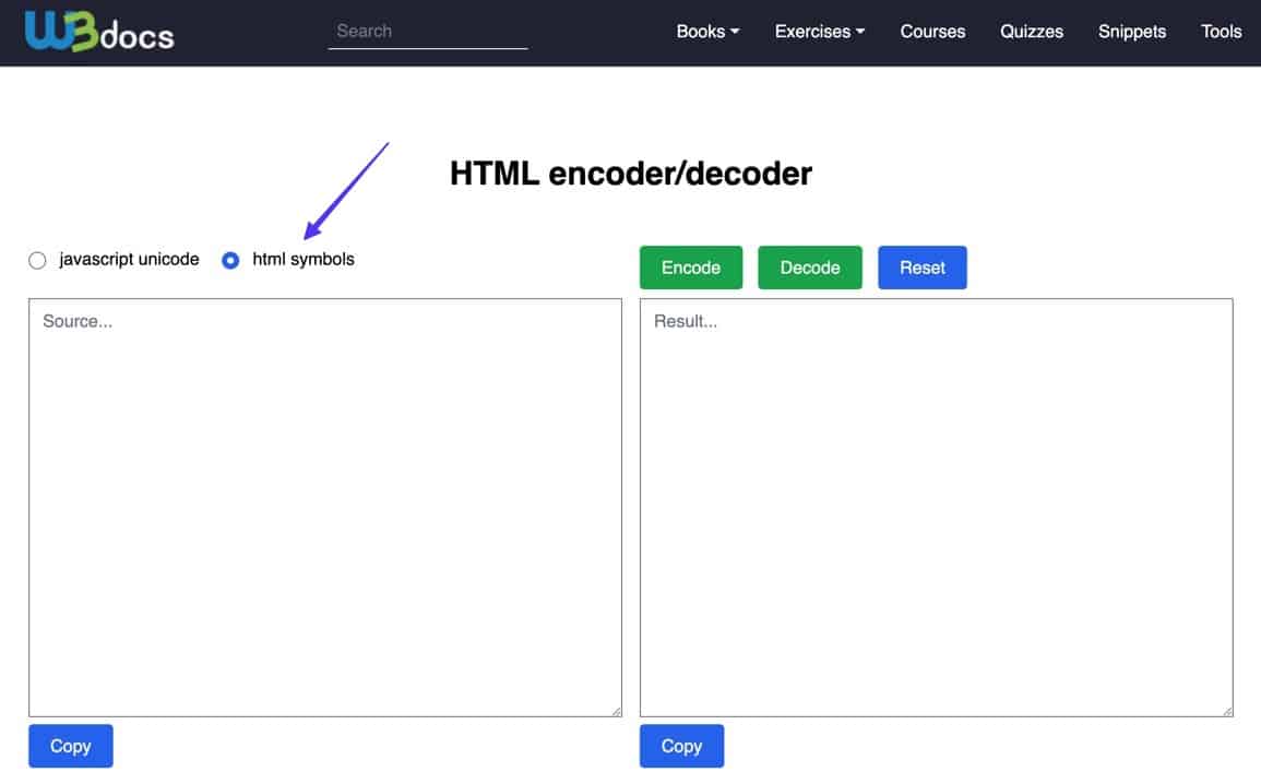 Escolha símbolos HTML