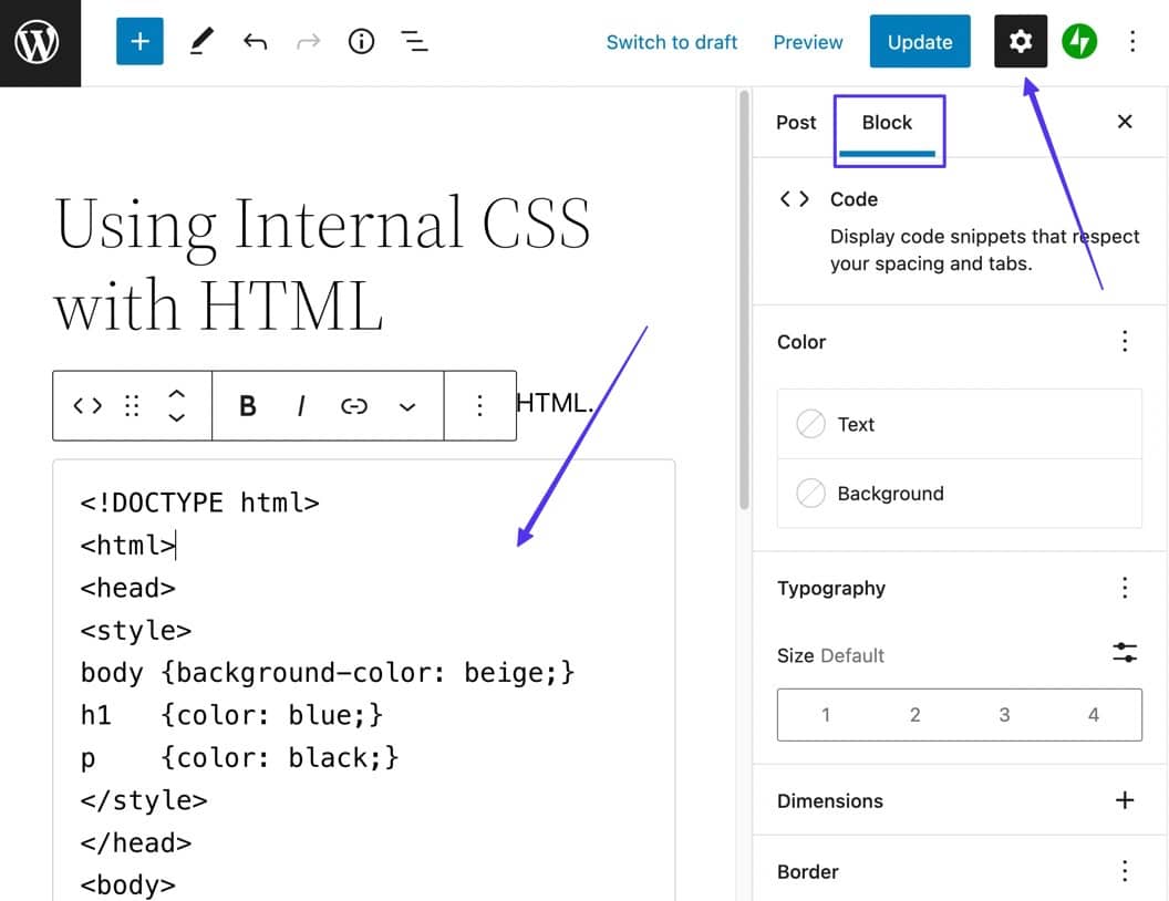 Gå til Bloker indstillinger for kodeformatering og for at vise WordPress-kode