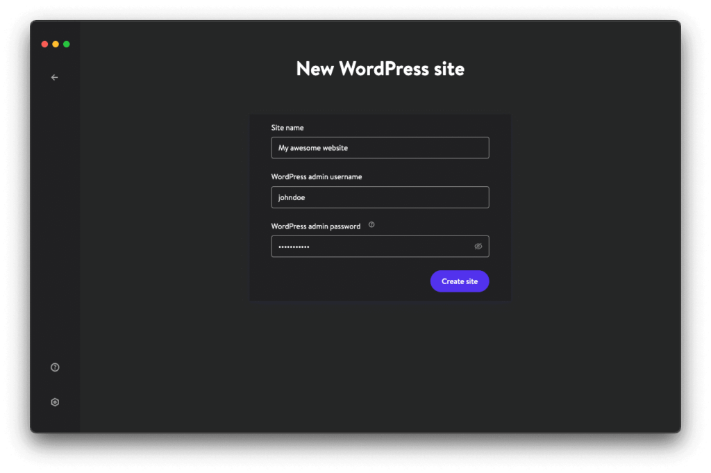 Page de création du site DevKinsta