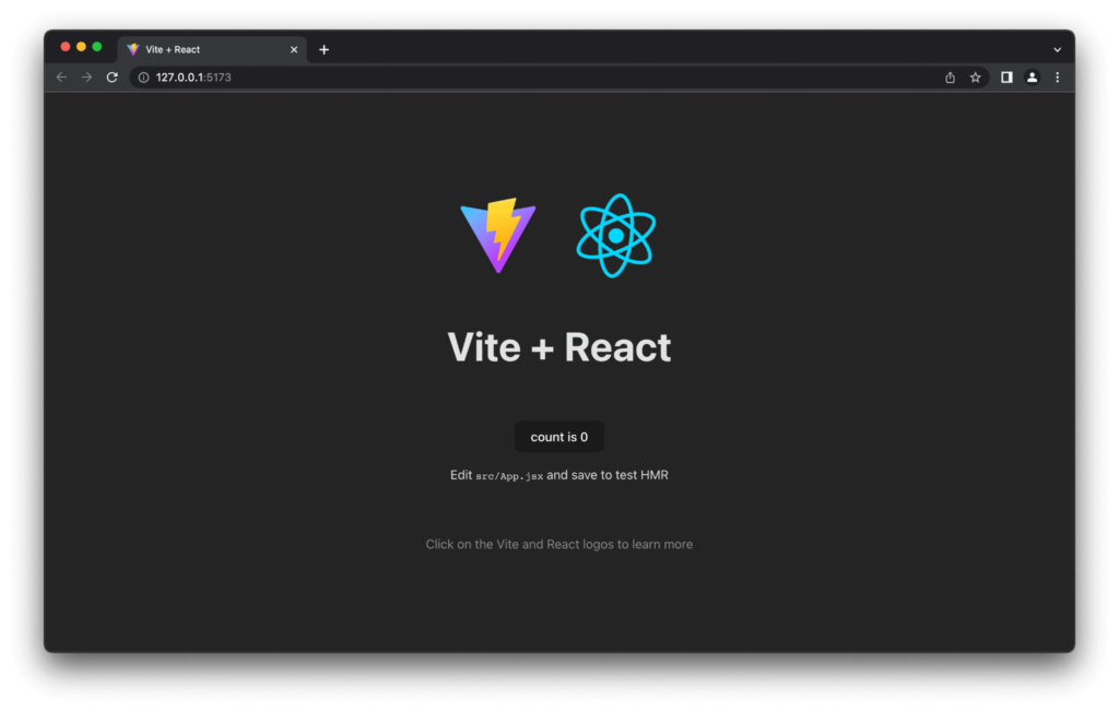 Screenshot van de standaardpagina van React toont een logo van React en Vite, een knop en tekst.