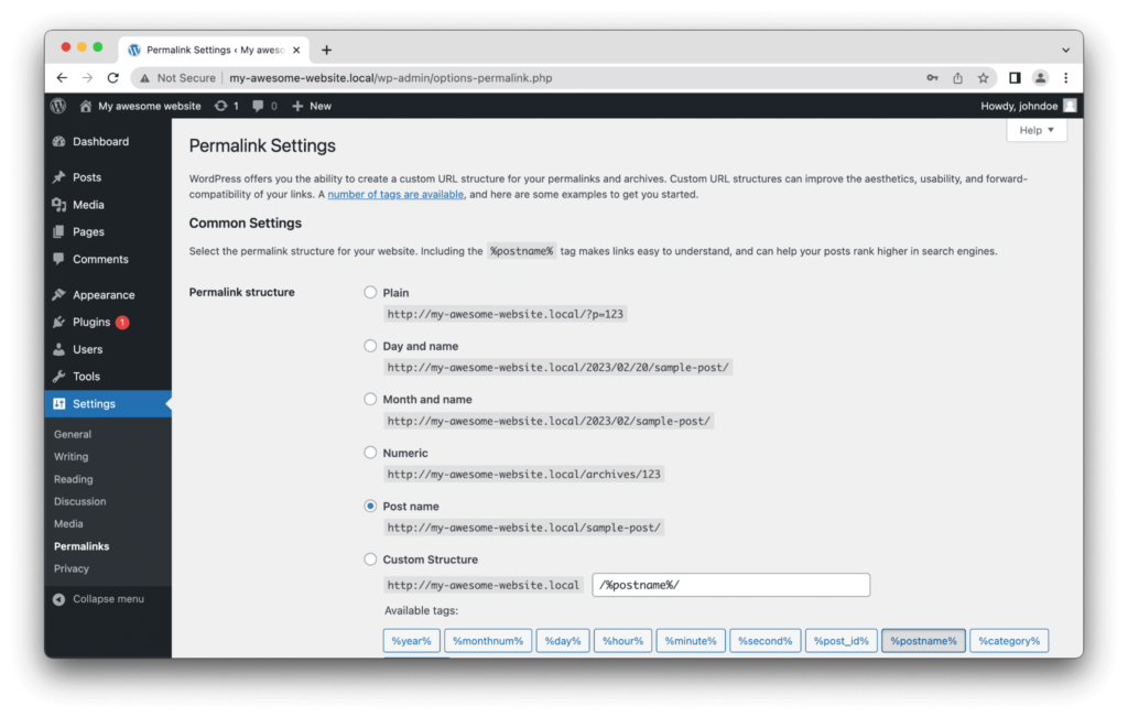 Skærmbillede af WordPress Admin Panels Permalinks Settings-side, der viser forskellige muligheder for at tilpasse webstedets permalinkstruktur.