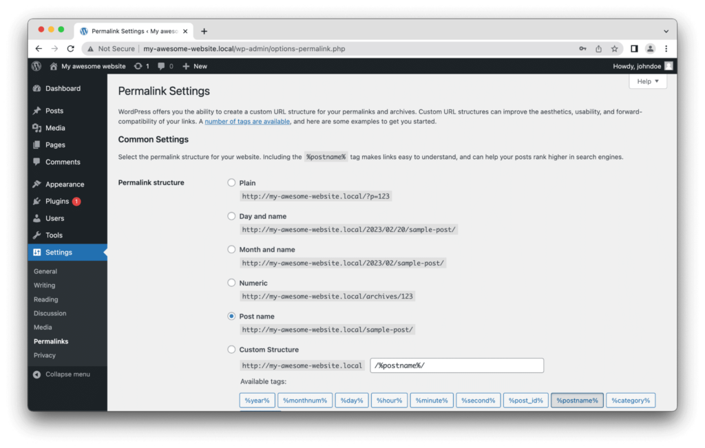 WordPress-inställningar för permalänkar