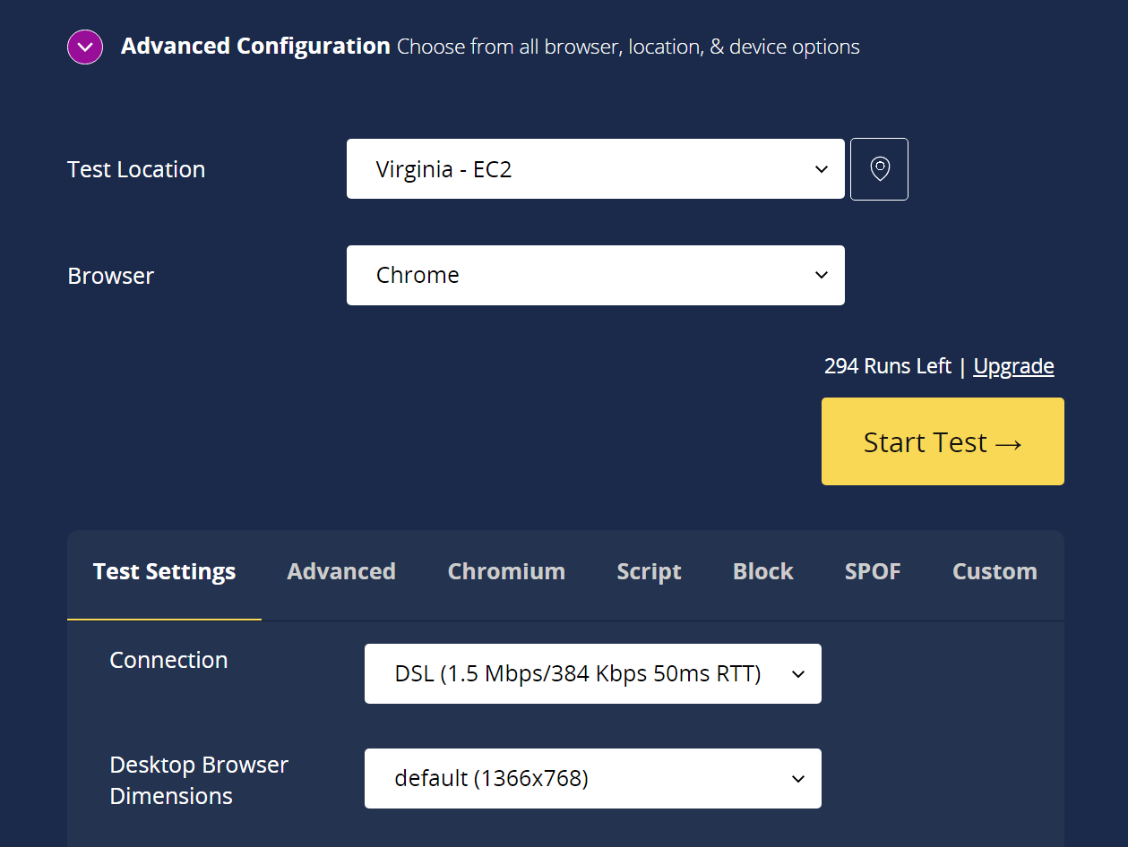 Configuración de los ajustes en WebPageTest