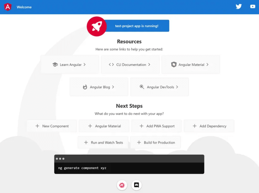 Angular ejecutándose en un navegador web basado en Windows tras la instalación.