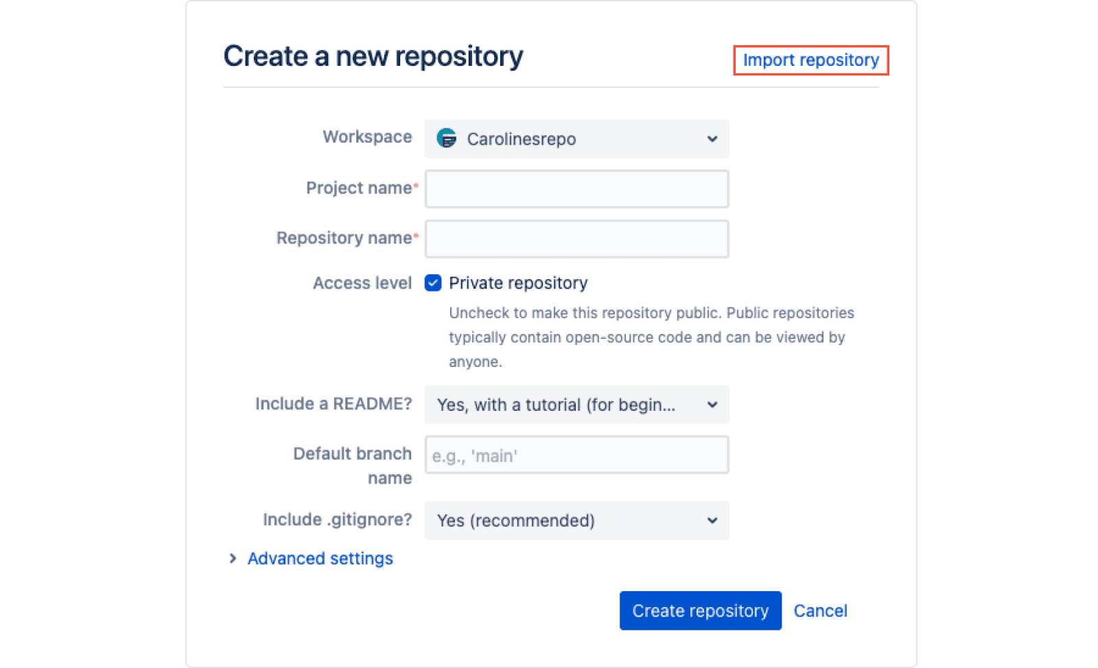 Opret et nyt repository på Bitbucket.