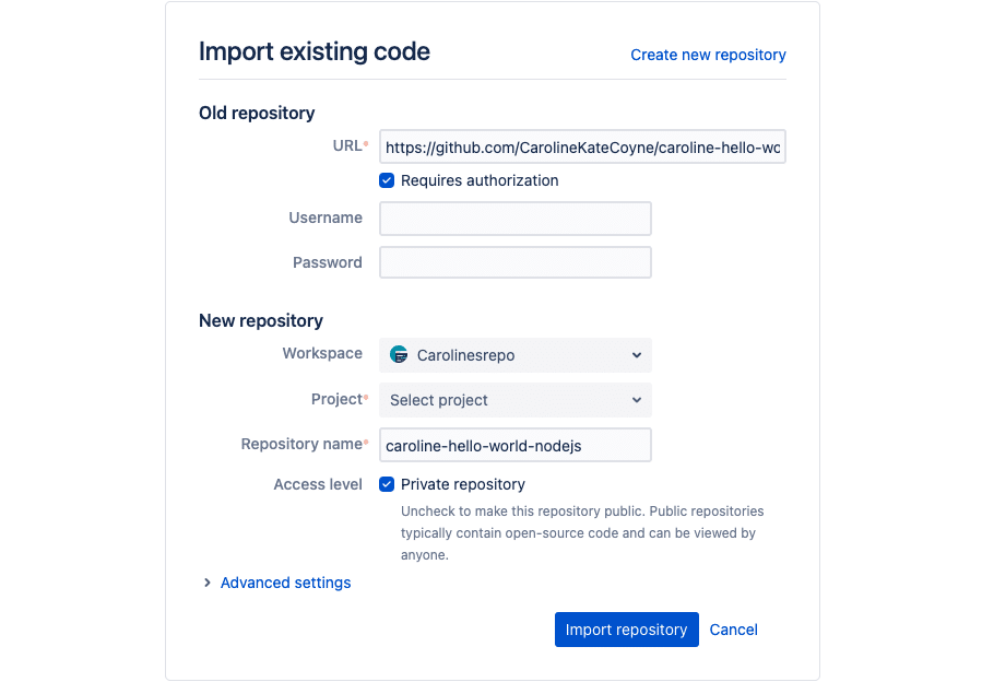 Import a repository to Bitbucket.