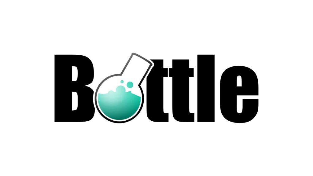 Het woord "Bottle" met een gedraaide kolf met water ter vervanging van de letter "O".