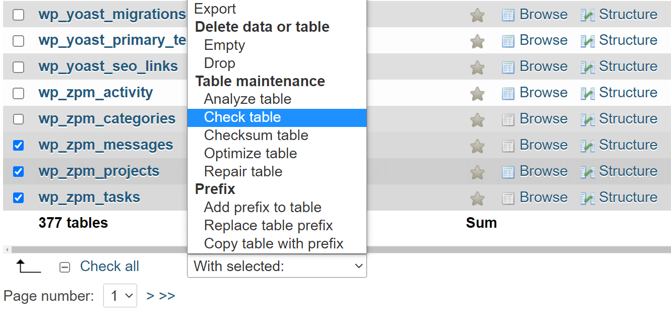 Scegliere le tabelle del database da controllare e riparare in PHPMyadmin