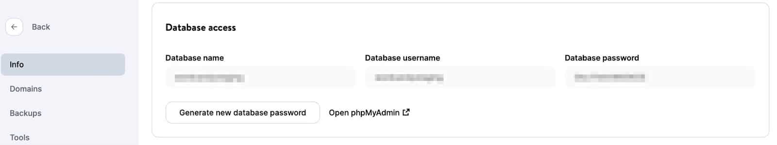 phpMyAdmin openen in het MyKinsta dashboard