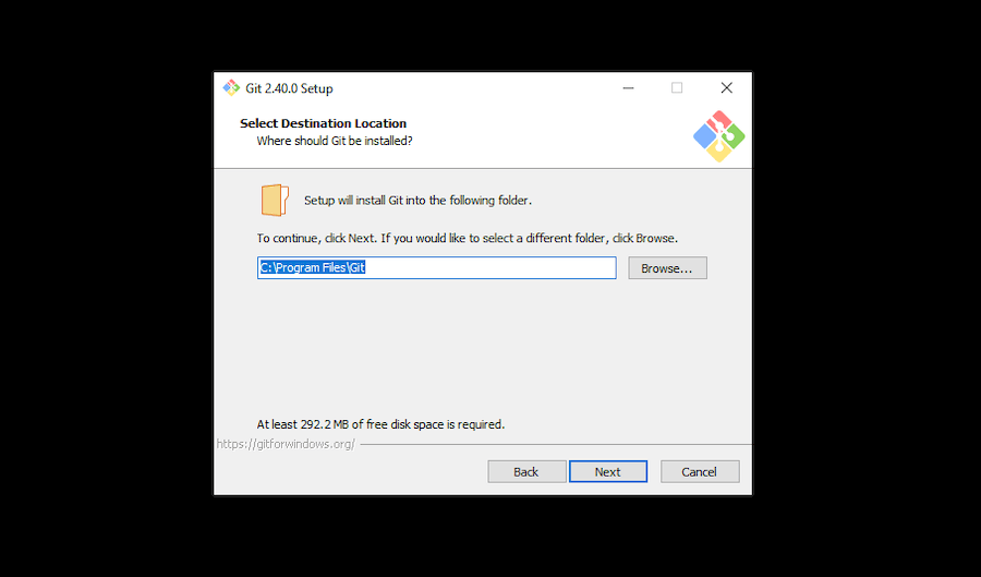 Vælg destinationsplacering for Git på din computer.