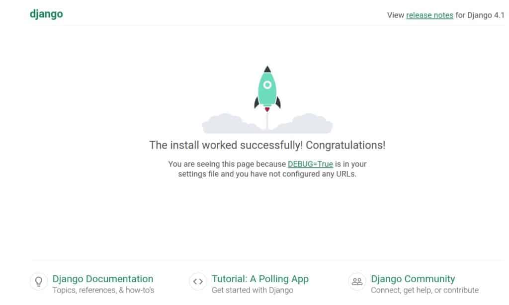 Django startpagina met het bericht " The install worked successfully! Congratulations!".