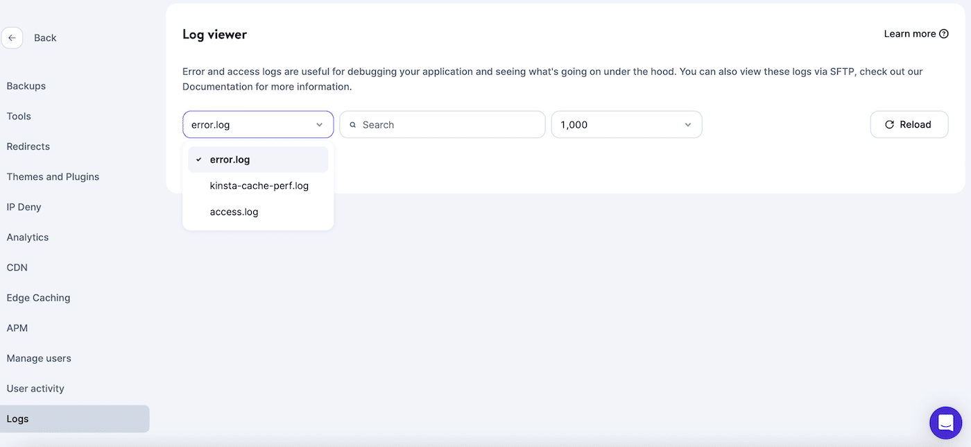 Choose from three server logs to view in MyKinsta