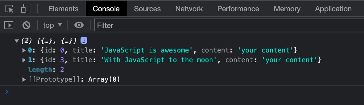 Una array de entradas cuyo título incluye "JavaScript"