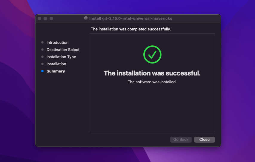 A confirmation message that Git installation was successful.