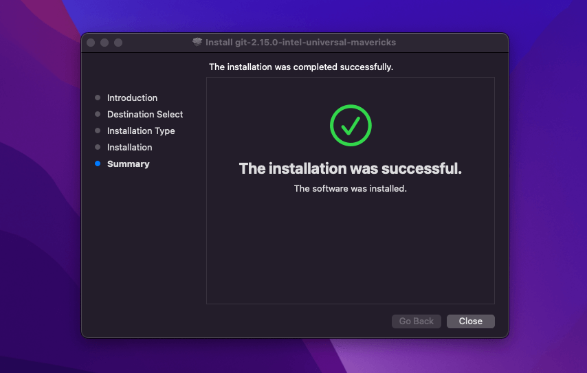 Un message de confirmation indiquant que l'installation de Git a réussi.