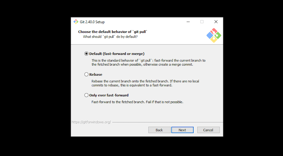 Select the default behavior of the ‘git pull’ command.