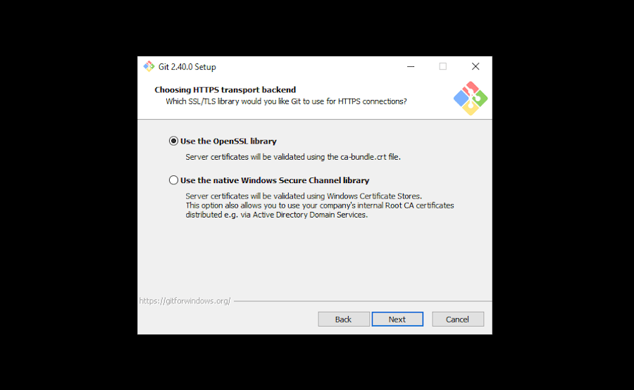 Die meisten sollten die Option Use the OpenSSL Library wählen