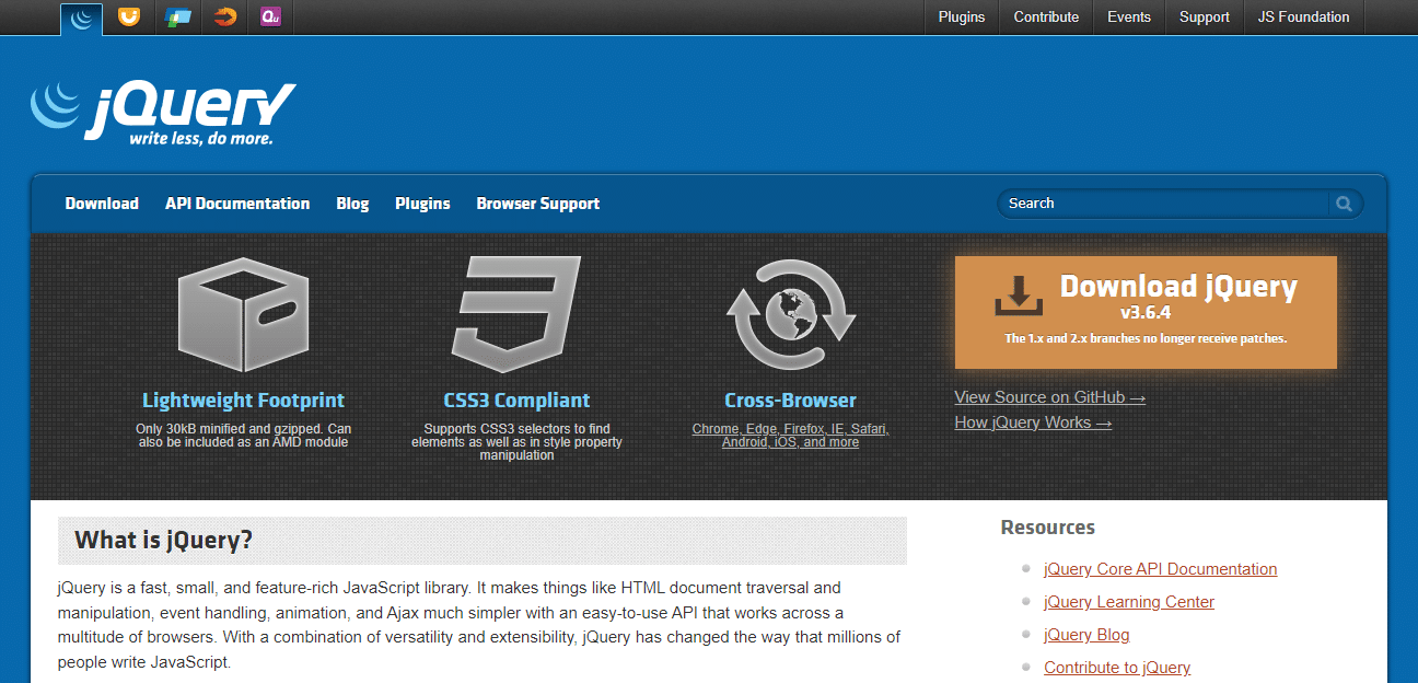 The jQuery library homepage