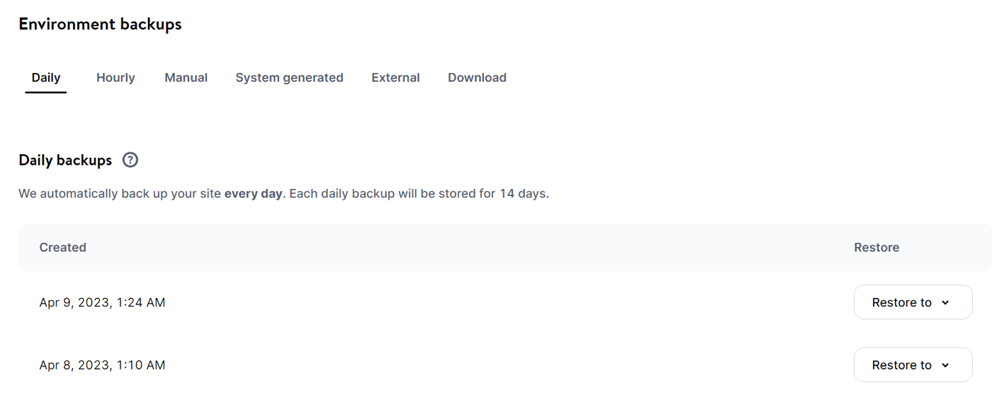 Daily backups listed in the MyKinsta dashboard