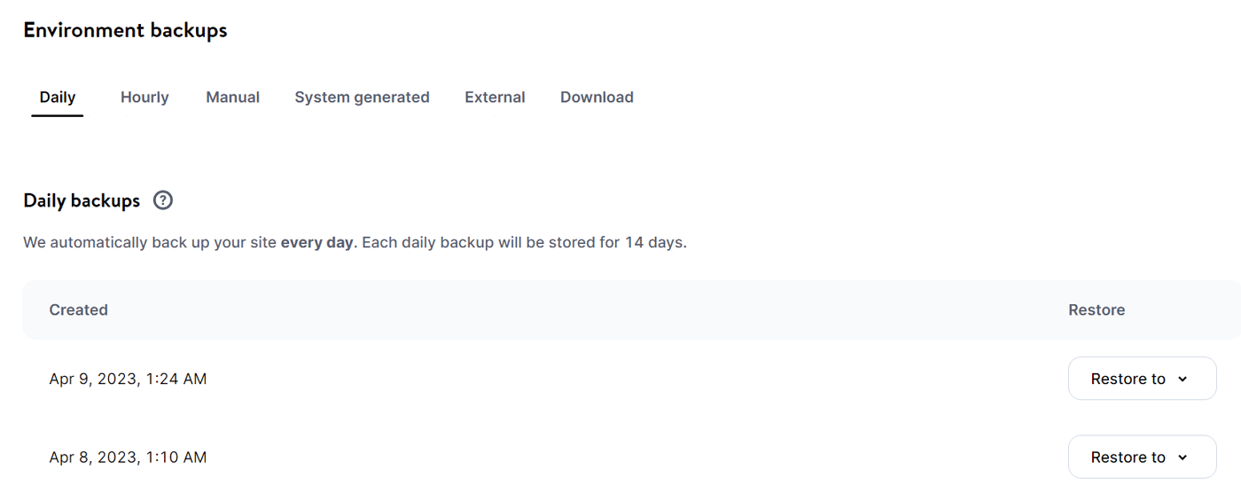 Dagelijkse backups in MyKinsta dashboard