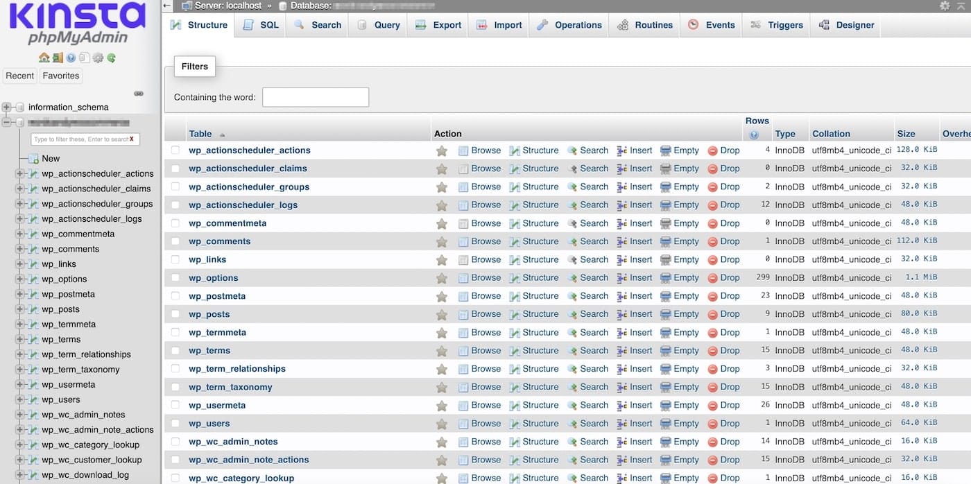 Tabelas do banco de dados no phpMyAdmin