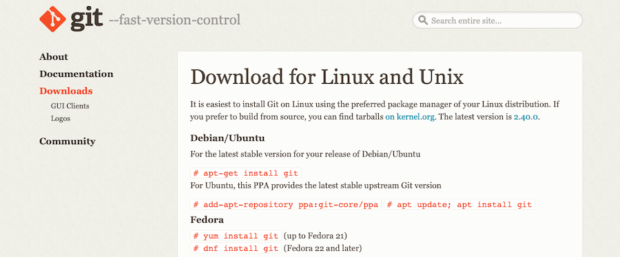Instrucciones de instalación de Git para Linux en el sitio web de Git.