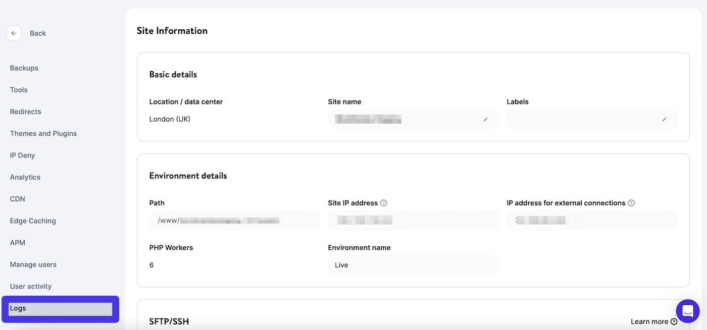 Se server logs i MyKinsta dashboard