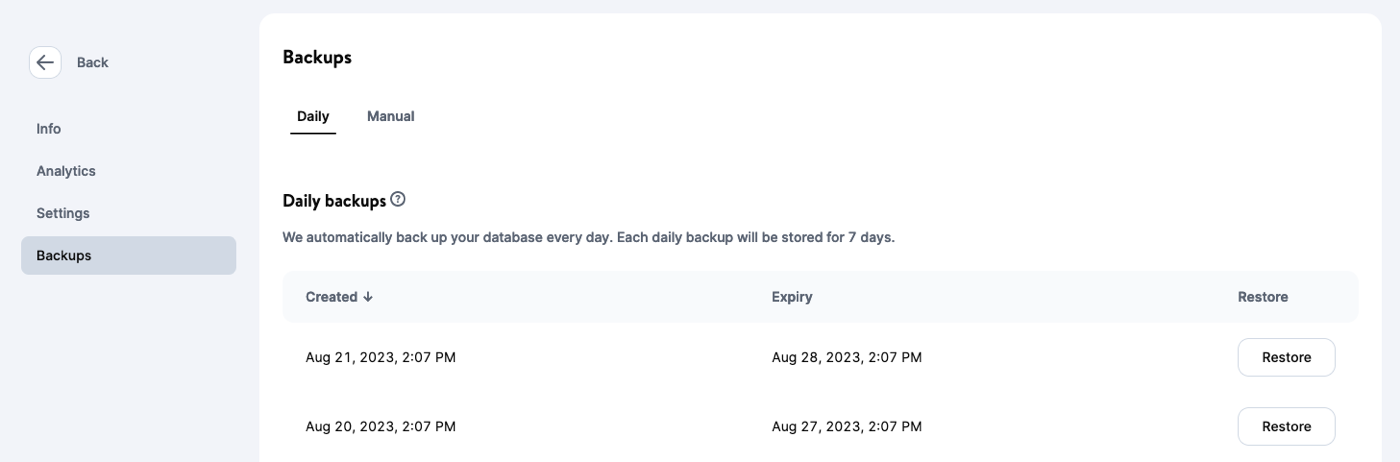 Automatische dagelijkse database backups in MyKinsta.
