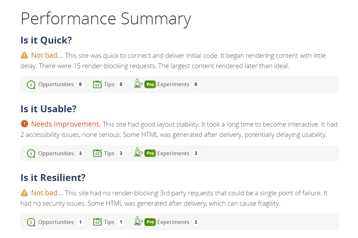 Résumé des performances de WebPageTest