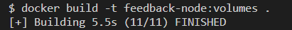 Screenshot: Terminal window showing results of the docker build command with volume storage.