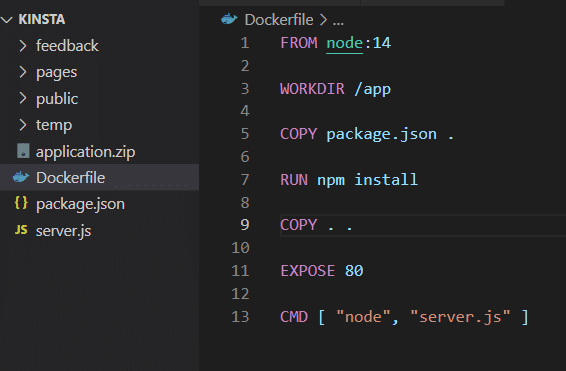 Skærmbillede: Dockerfile redigeret for at fjerne VOLUME-attributten.