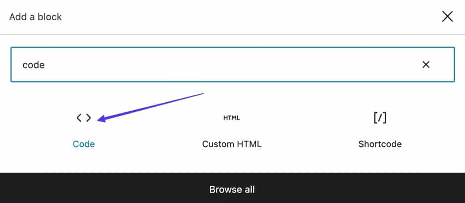 Popup-Fenster zum Hinzufügen eines Blocks, mit der Option Code-Block