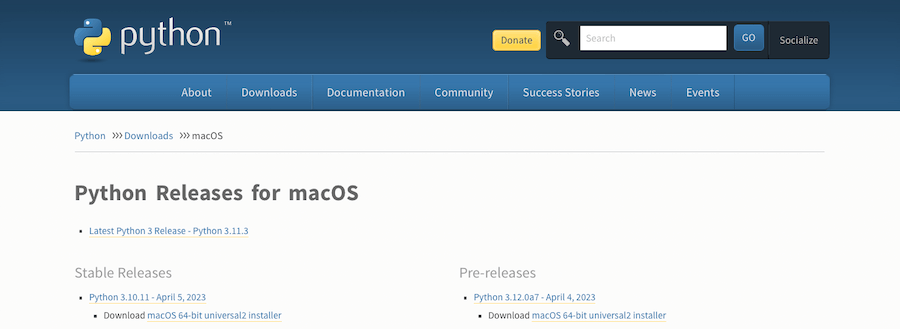 Pagina delle versioni attuali di Python per macOS.