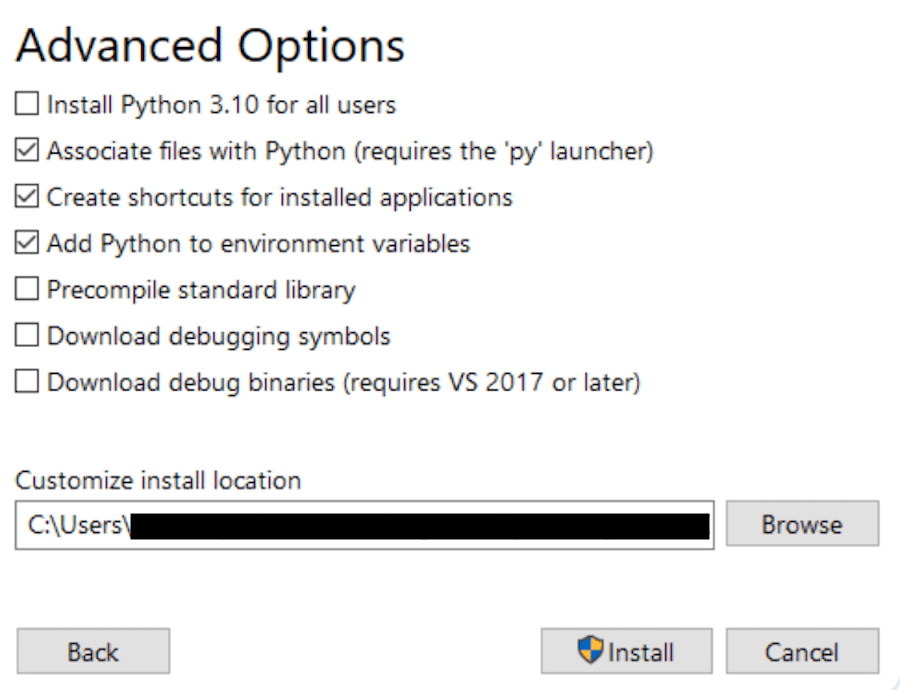 Opções avançadas no instalador do Windows Python.