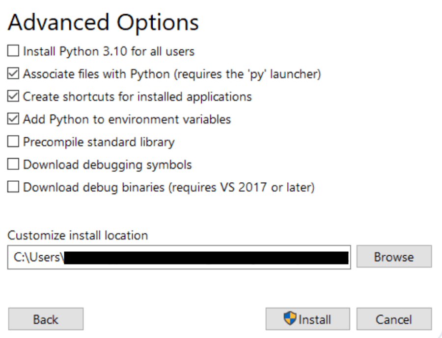 Geavanceerde opties in het Windows Python installatieprogramma.